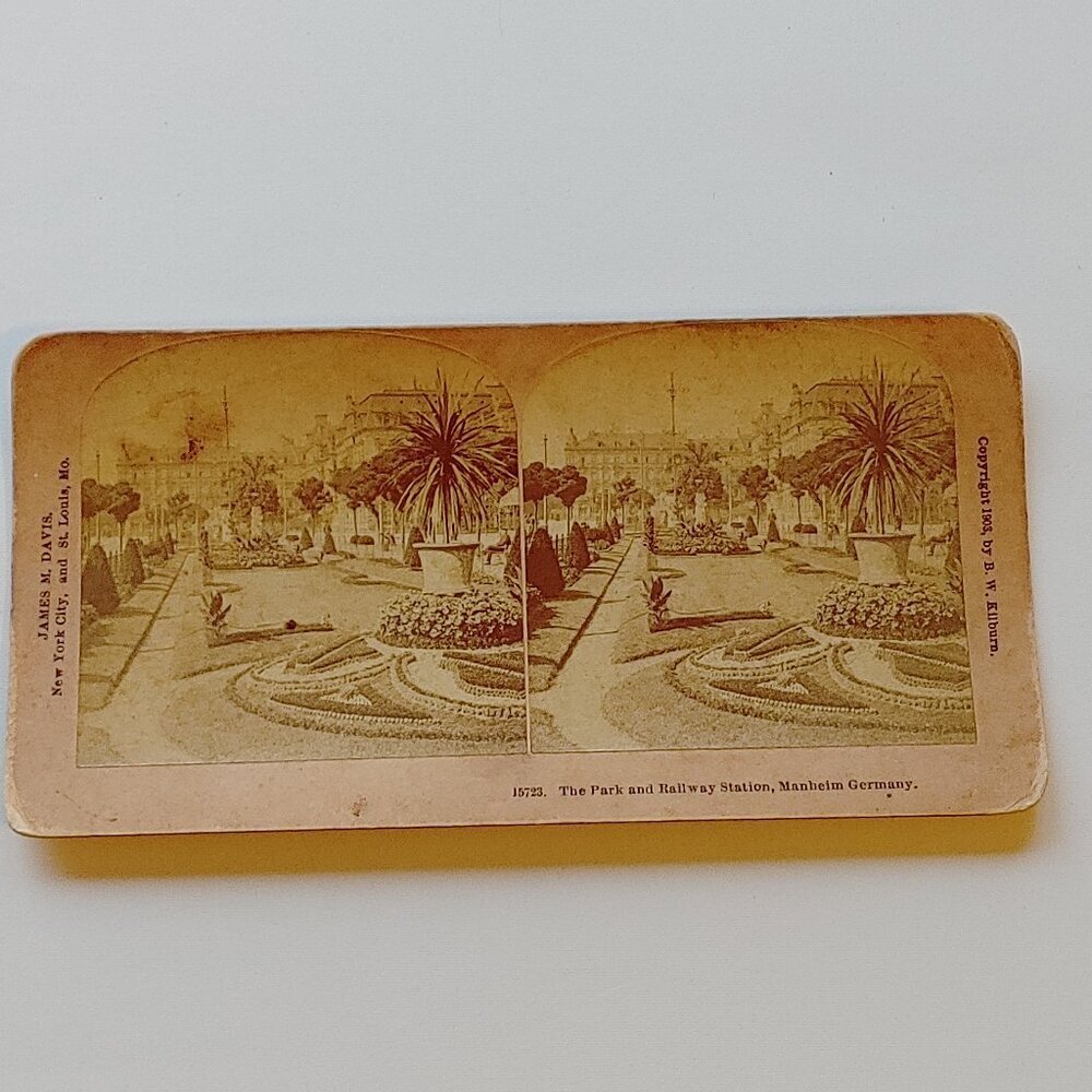 ANTIQUE STEREOGRAPH CARD Park and Railway Station Manheim Germany 1903